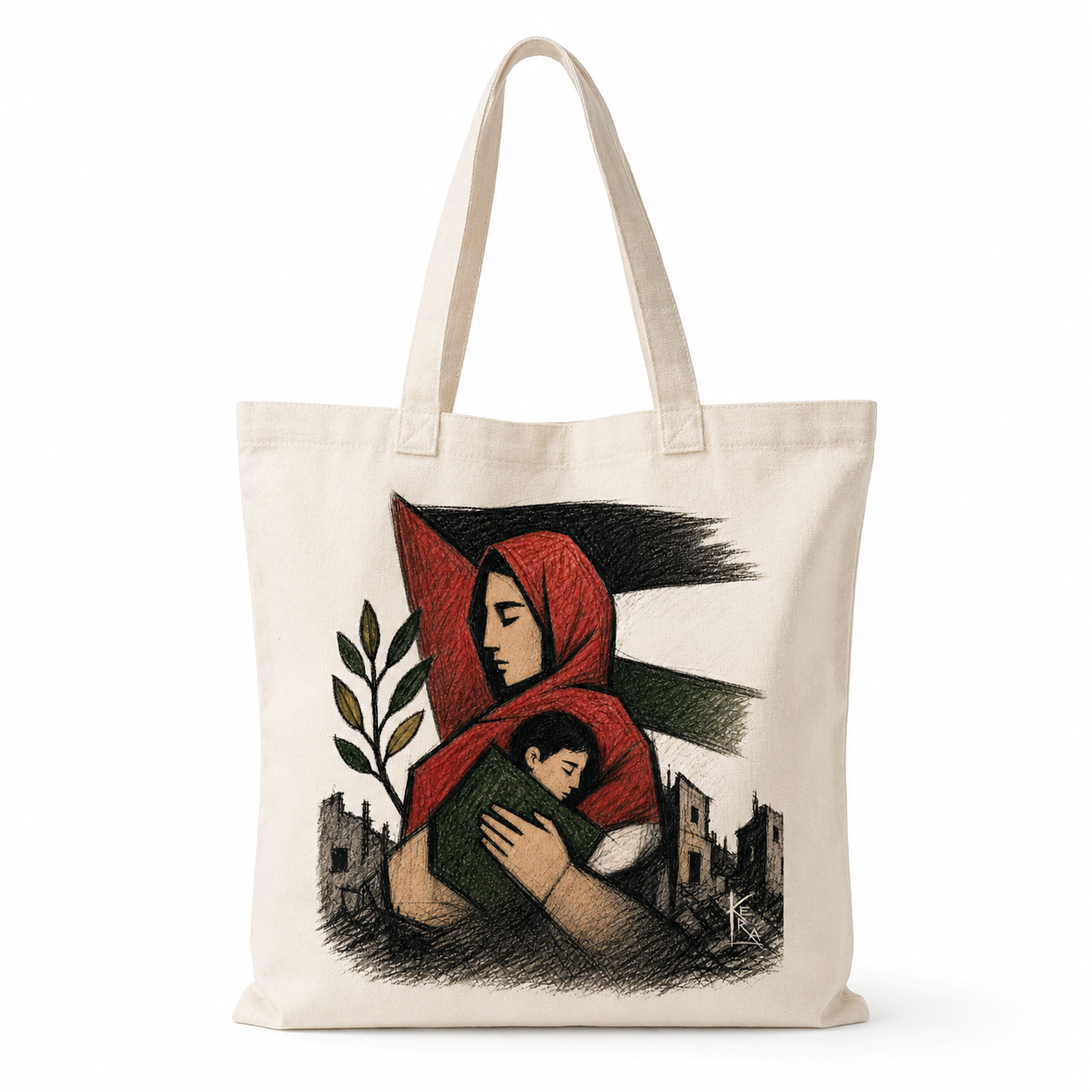 Tote bag Palestina Libera — L'Abbraccio, illustrazione di Kera
