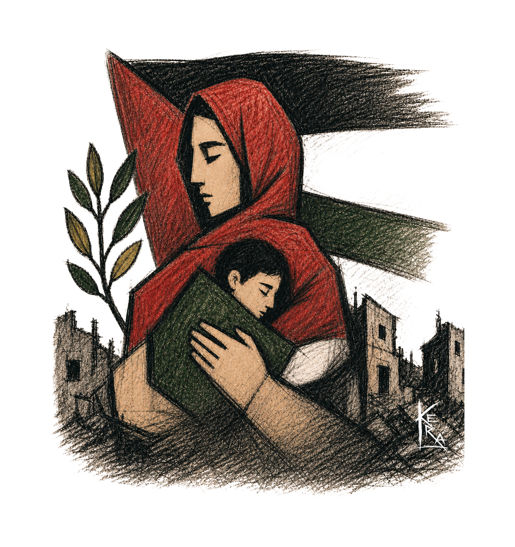 L'Abbraccio — illustrazione di Kera, madre e figlio, capsula Palestina Libera
